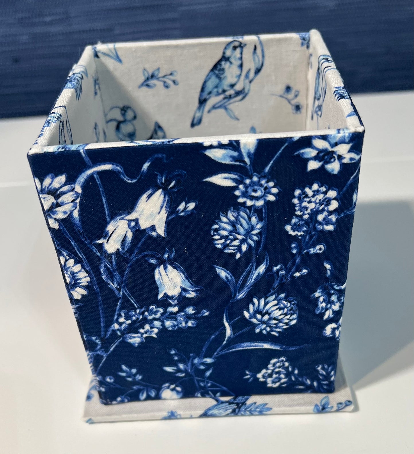 Small Desk Organizer - Blue/White Bird Fabric