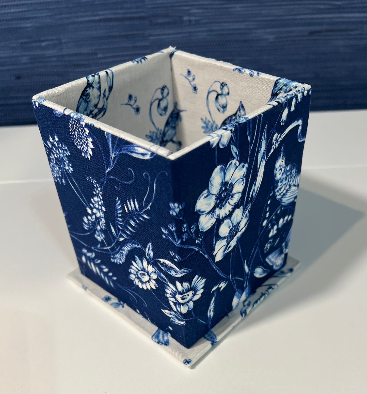Small Desk Organizer - Blue/White Bird Fabric